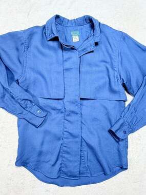 Vtg Kenzo Paris Wool Shirt Womens Cobalt Blue Flap Yoke Button Up France Sz 4